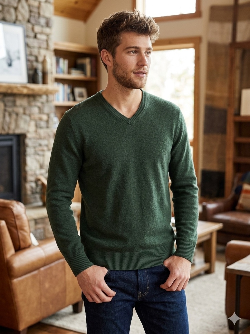 Eddie Bauer Men's V-Neck Sweater in Dark Green